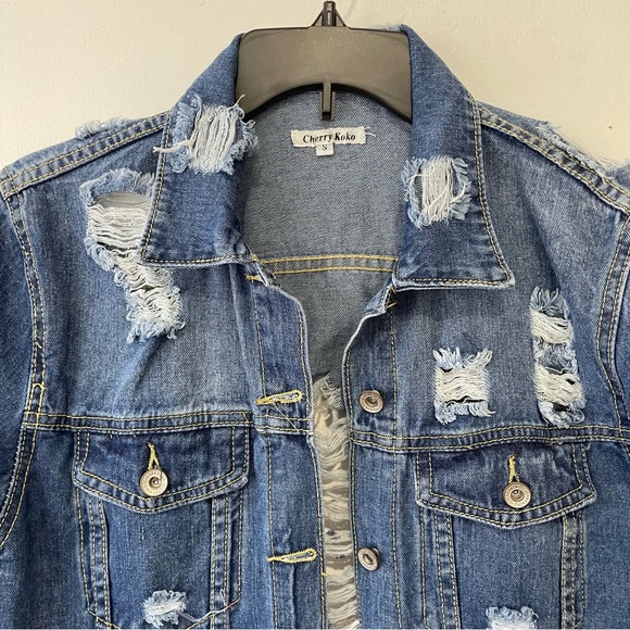 Cherry Koko Denim Distressed Knee length Coat Women’s Small Medium Wash - Picture 4 of 7